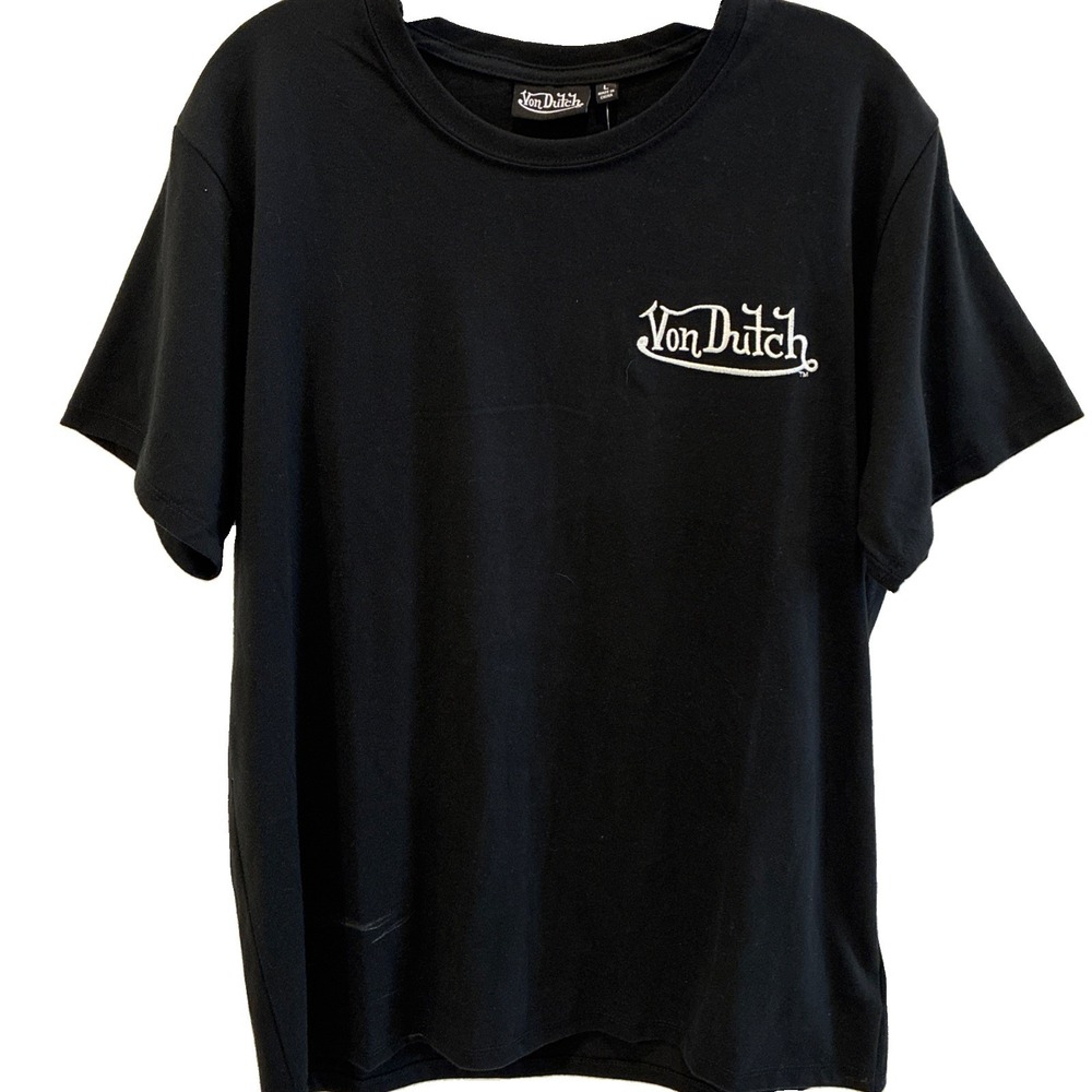 VON DUTCH~Men's L Embroidered Black Logo Crew Neck Short Sleeve T-Shirt NWT